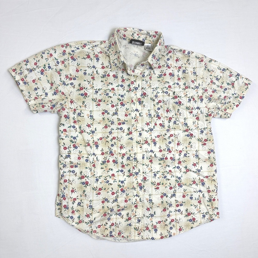 Vintage Gitano Mens Medium Floral Plaid Short Sleeve‎ Button Down Shirt Cotton
